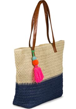 styleBREAKER Damen Bast Strandtasche 45 x 13 x 46 cm mit Reißverschluss | Zweifarbige Korbtasche mit Quaste | Flechttasche mit langen Henkeln für Strand & Shopping