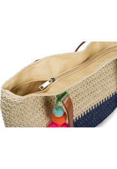 styleBREAKER Damen Bast Strandtasche 45 x 13 x 46 cm mit Reißverschluss | Zweifarbige Korbtasche mit Quaste | Flechttasche mit langen Henkeln für Strand & Shopping