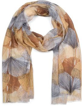 styleBREAKER Damen Schal mit farbigem Ginkgo Leaves Blätter Muster Print und kurzen Fransen, leichtes Tuch, Stola 01016208