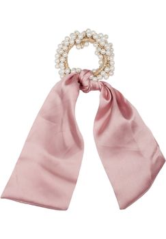 styleBREAKER Damen Perlen Haargummi mit Satin Schleife, elastisch, Scrunchie, Zopfgummi, Satinband, Haarband 04027037