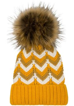 styleBREAKER Damen Strick Bommelmütze mit Zick-Zack Muster und Fleece Futter, Winter Fellbommel Mütze, Strickmütze 04024188