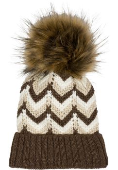 styleBREAKER Damen Strick Bommelmütze mit Zick-Zack Muster und Fleece Futter, Winter Fellbommel Mütze, Strickmütze 04024188