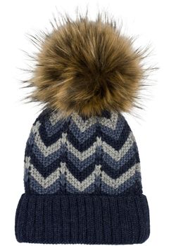 styleBREAKER Damen Strick Bommelmütze mit Zick-Zack Muster und Fleece Futter, Winter Fellbommel Mütze, Strickmütze 04024188