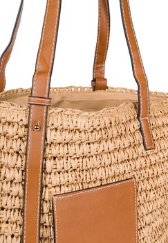 styleBREAKER Korbflecht Schultertasche aus Papierstroh mit Kunstleder Details | Damen Shopper Basttasche geflochten mit Reißverschluss | Strandtasche 43 x 34 x 4 cm