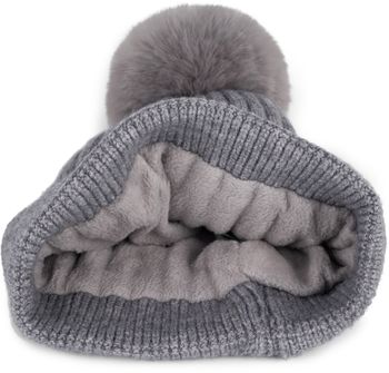 styleBREAKER Damen Strick Bommelmütze Einfarbig mit Rippen Muster und Fleece Futter, Winter Mütze, Strickmütze 04024198