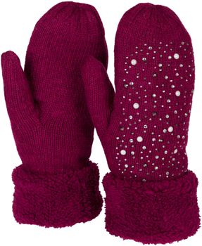 styleBREAKER Damen warme Winter Strick Fäustlinge mit Strass und Perlen, Handschuhe, Thermo Fleece, Strickhandschuhe 09010039