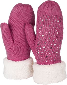 styleBREAKER Damen warme Winter Strick Fäustlinge mit Strass und Perlen, Handschuhe, Thermo Fleece, Strickhandschuhe 09010039