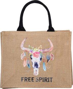 styleBREAKER Leinen Henkeltasche mit Boho Stier Print | Damen Shopper mit Baumwollgriffen und Reißverschluss | Strandtasche Einkaufstasche | 41 x 33 x 17 cm