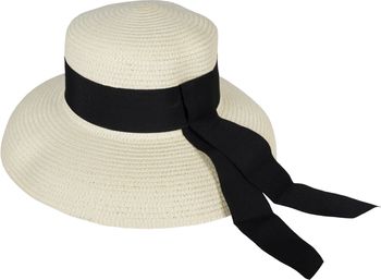 styleBREAKER Damen Sonnenhut mit breitem Schwarzem Zierband, breite Krempe, Strohhut, Papierstroh Hut 04025036