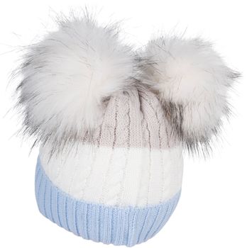 styleBREAKER Kinder Strick Bommelmütze 3-Farbig Gestreift, 2 Kunstfellbommel, Fleece Futter, 2-5 Jahre 04024204