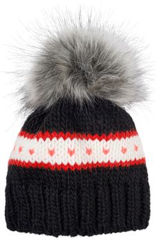 styleBREAKER Kinder Strick Bommelmütze mit Herzmuster und Thermo Fleece Futter, Winter Fellbommel Mütze, 3-5 Jahre 04024209