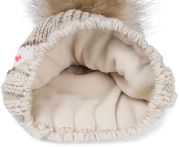 styleBREAKER Kinder Strick Bommelmütze mit Herzmuster und Thermo Fleece Futter, Winter Fellbommel Mütze, 3-5 Jahre 04024209