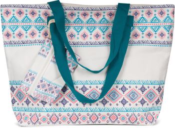 styleBREAKER Große Strandtasche mit buntem Azteken Boho Muster | Damen Schultertasche mit Reißverschluss & Extra-Täschchen | 57,5 x 40 x 15 cm