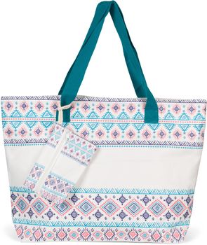 styleBREAKER Große Strandtasche mit buntem Azteken Boho Muster | Damen Schultertasche mit Reißverschluss & Extra-Täschchen | 57,5 x 40 x 15 cm