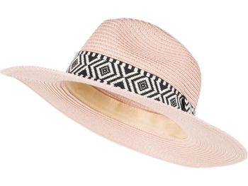 styleBREAKER Damen Panama Sonnenhut Einfarbig mit Stoff Hutband mit Azteken Muster, Strohhut, Schlapphut, Sommerhut, Fedora Hut 04025046