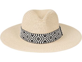 styleBREAKER Damen Panama Sonnenhut Einfarbig mit Stoff Hutband mit Azteken Muster, Strohhut, Schlapphut, Sommerhut, Fedora Hut 04025046