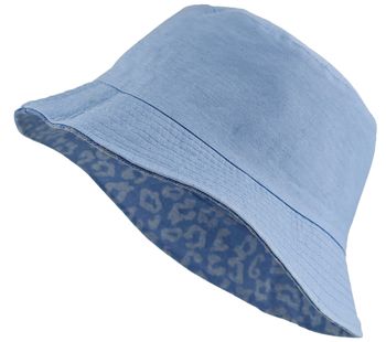 styleBREAKER Damen Wendehut 2-in-1 | Reversible Bucket Hat mit Leopard Print & Unifarbener Denim-Seite | Jeans Fischerhut für Freizeit, Strand, Festival, Sommerhut aus Baumwolle
