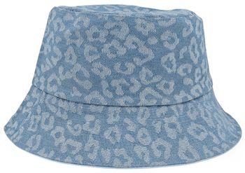 styleBREAKER Damen Wendehut 2-in-1 | Reversible Bucket Hat mit Leopard Print & Unifarbener Denim-Seite | Jeans Fischerhut für Freizeit, Strand, Festival, Sommerhut aus Baumwolle