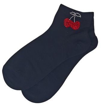 styleBREAKER Damen Socken mit Strass Kirschen Applikation | knöchellang mit Elastikbund | weicher Baumwoll-Mix | One Size 36-41 EU