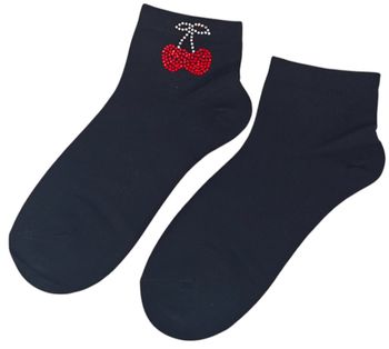 styleBREAKER Damen Socken mit Strass Kirschen Applikation | knöchellang mit Elastikbund | weicher Baumwoll-Mix | One Size 36-41 EU