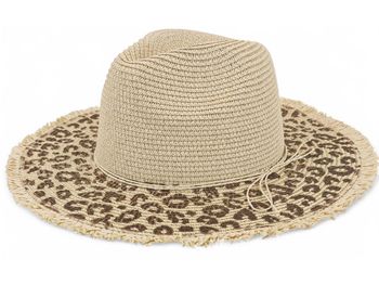styleBREAKER Damen Sonnenhut aus Papierstroh mit Leopardenmuster an der Krempe | Sommerhut mit Fransenrand | Einheitsgröße verstellbar
