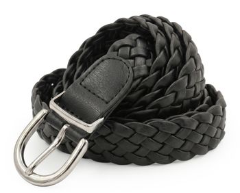 styleBREAKER Damen Flechtgürtel schmal aus Kunstleder | 2,8 cm breit | geflochtener Gürtel mit silberner Dornschließe | One Size 110 cm lang