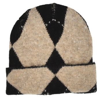 styleBREAKER Damen Strickmütze mit Argyle Rautenmuster | Warme Beanie mit Wollanteil und breitem Umschlag | Zweifarbige Jacquard Feinstrickmütze für Herbst und Winter
