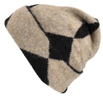 styleBREAKER Damen Strickmütze mit Argyle Rautenmuster | Warme Beanie mit Wollanteil und breitem Umschlag | Zweifarbige Jacquard Feinstrickmütze für Herbst und Winter
