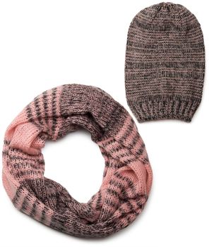 styleBREAKER Schal und Mütze Kombi Set, gestreifter Glattstrick Loop Schlauchschal mit Strick Beanie Mütze 01018204