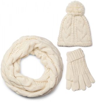 styleBREAKER Schal, Mütze und Handschuh Set, Zopfmuster Strickschal mit Bommelmütze und Handschuhe, Damen 01018208