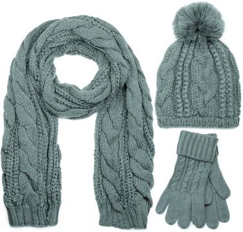 styleBREAKER Schal, Mütze und Handschuh Set, Zopfmuster Strickschal mit Bommelmütze und Handschuhe, Damen 01018208