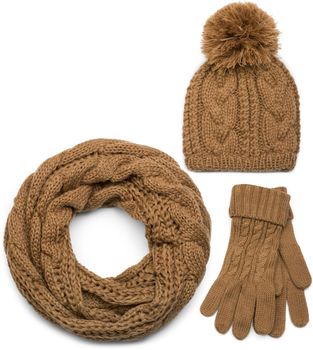 styleBREAKER Schal, Mütze und Handschuh Set, Zopfmuster Strickschal mit Bommelmütze und Handschuhe, Damen 01018208