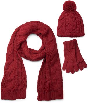 styleBREAKER Schal, Mütze und Handschuh Set, Zopfmuster Strickschal mit Bommelmütze und Handschuhe, Damen 01018208