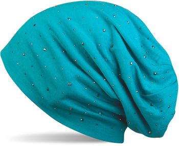 styleBREAKER Damen Beanie Mütze mit edler Strass-Nieten Applikation, Longbeanie Slouch 04024037