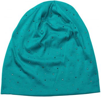 styleBREAKER Damen Beanie Mütze mit edler Strass-Nieten Applikation, Longbeanie Slouch 04024037
