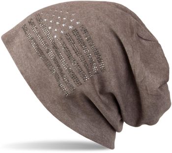 styleBREAKER Beanie Mütze USA Flaggen Design mit Strass-Applikationen, Unisex, Jersey leicht Übergang Frühling Herbst