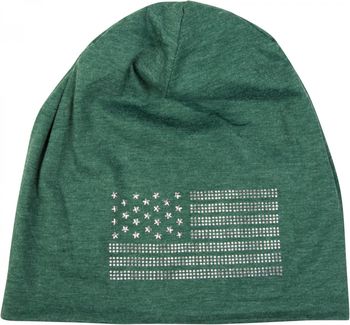 styleBREAKER Beanie Mütze USA Flaggen Design mit Strass-Applikationen, Unisex, Jersey leicht Übergang Frühling Herbst
