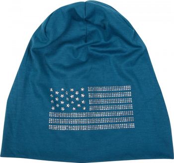 styleBREAKER Beanie Mütze USA Flaggen Design mit Strass-Applikationen, Unisex, Jersey leicht Übergang Frühling Herbst