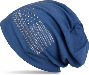 styleBREAKER Beanie Mütze USA Flaggen Design mit Strass-Applikationen, Unisex, Jersey leicht Übergang Frühling Herbst