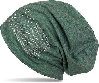 styleBREAKER Beanie Mütze USA Flaggen Design mit Strass-Applikationen, Unisex, Jersey leicht Übergang Frühling Herbst