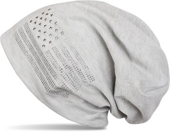 styleBREAKER Beanie Mütze USA Flaggen Design mit Strass-Applikationen, Unisex, Jersey leicht Übergang Frühling Herbst