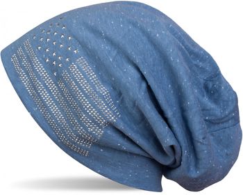 styleBREAKER Beanie Mütze USA Flaggen Design mit Strass-Applikationen, Unisex, Jersey leicht Übergang Frühling Herbst