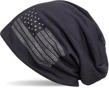 styleBREAKER Beanie Mütze USA Flaggen Design mit Strass-Applikationen, Unisex, Jersey leicht Übergang Frühling Herbst