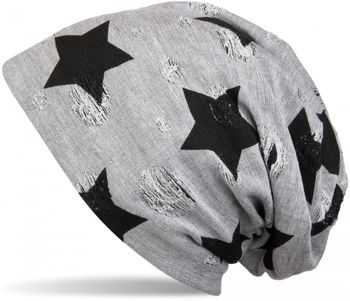 styleBREAKER Unisex Stoff Beanie Mütze mit Sterne und Vintage Punkte Muster, mit Rissen im Destroyed used Look 04024046
