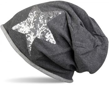 styleBREAKER Beanie Mütze mit silbernem Pailletten Stern und Rollrand, Damen 04024056