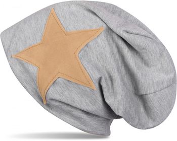 styleBREAKER Beanie Mütze mit aufgenähtem Kunstleder Stern, Slouch Longbeanie, Unisex 04024071