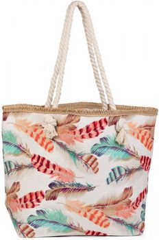 styleBREAKER Strandtasche mit buntem Feder Muster und Bast Saum | separates Kosmetiktäschchen | Reißverschluss | 47 x 32 x 15 cm | Damen Shopper Badetasche