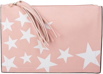 styleBREAKER Clutch mit Sterne Muster, Quasten Anhänger am Reißverschluss, Handschlaufe und Umhängegurt, Damen 02012075