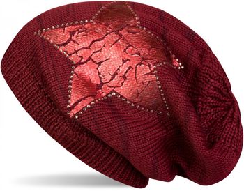 styleBREAKER Damen Strick Beanie Mütze mit Vintage Stern Print und Strass Rand, Strickmütze mit Streifen Muster 04024083