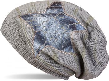 styleBREAKER Damen Strick Beanie Mütze mit Vintage Stern Print und Strass Rand, Strickmütze mit Streifen Muster 04024083